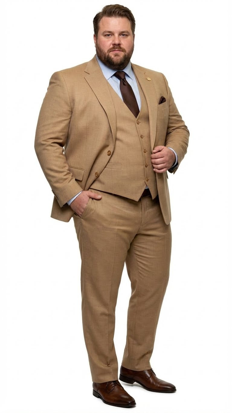 Men's Tan Three-Piece Suit with Vest – Classic Tailored Fit  in camel khaki Bronze color By Rossiman - 34 Short or Extra Small