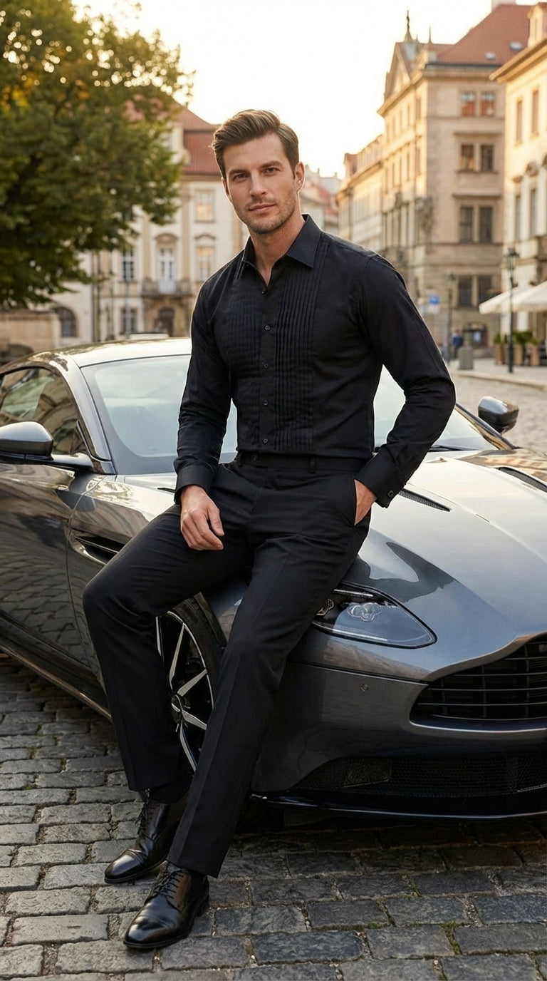 Men’s Black Pleated Tuxedo Dress Shirt | Formal Laydown Collar Button-Up Shirt for Weddings & Black Tie By Tiglio - 15.5" Neck / 34–35" Sleeve