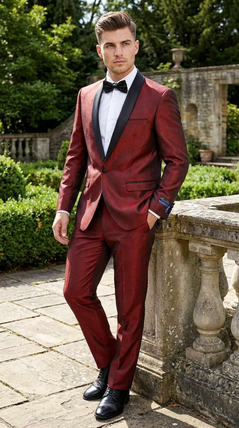 Mens Shiny Burgundy Satin Tuxedo Jacket with Black Shawl Lapel | Formal Wedding & Prom Blazer - Sharkskin Fabric - 34 Short or Extra Small