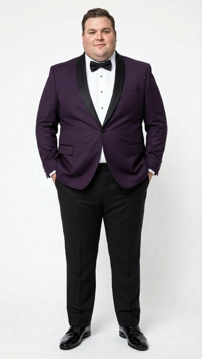 Men’s Eggplant Plum Purple Tuxedo Blazer with Satin Lapel, White Tuxedo Shirt and Matching Purple Bow Tie - Slim Fitted - Prom wedding Suit With Pants - 34 Short or Extra Small
