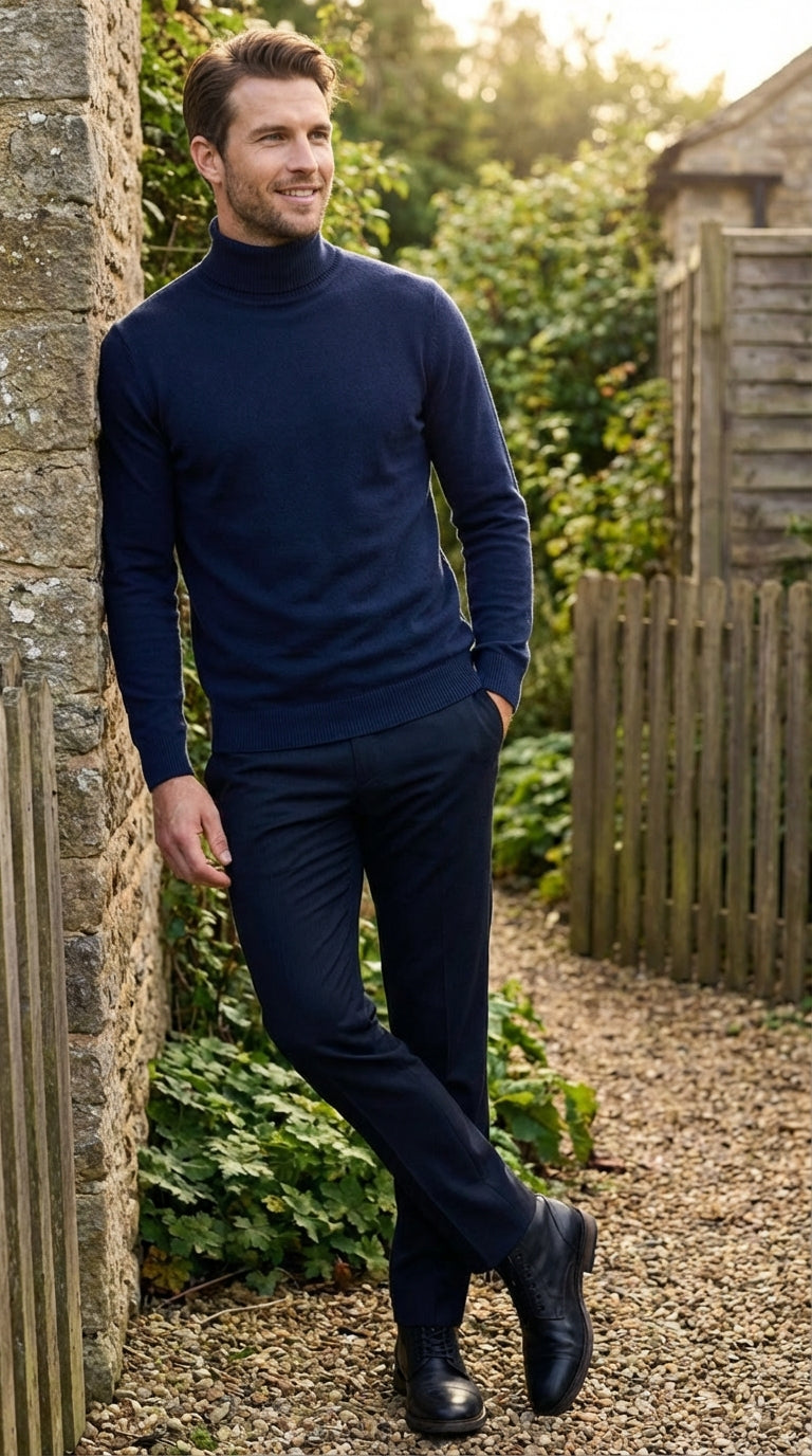Mens Navy Blue Turtleneck Sweater Pullover | Cotton Blend Long Sleeve Knit Top for Casual & Smart Wear