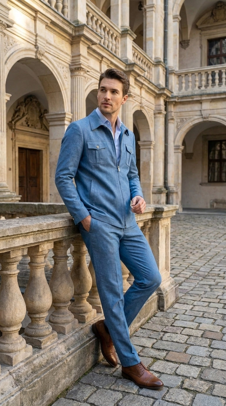 Men’s Light Blue Walking Suit – 2 Piece Casual Leisure Set with Zip Front Jacket Denim Style - Small