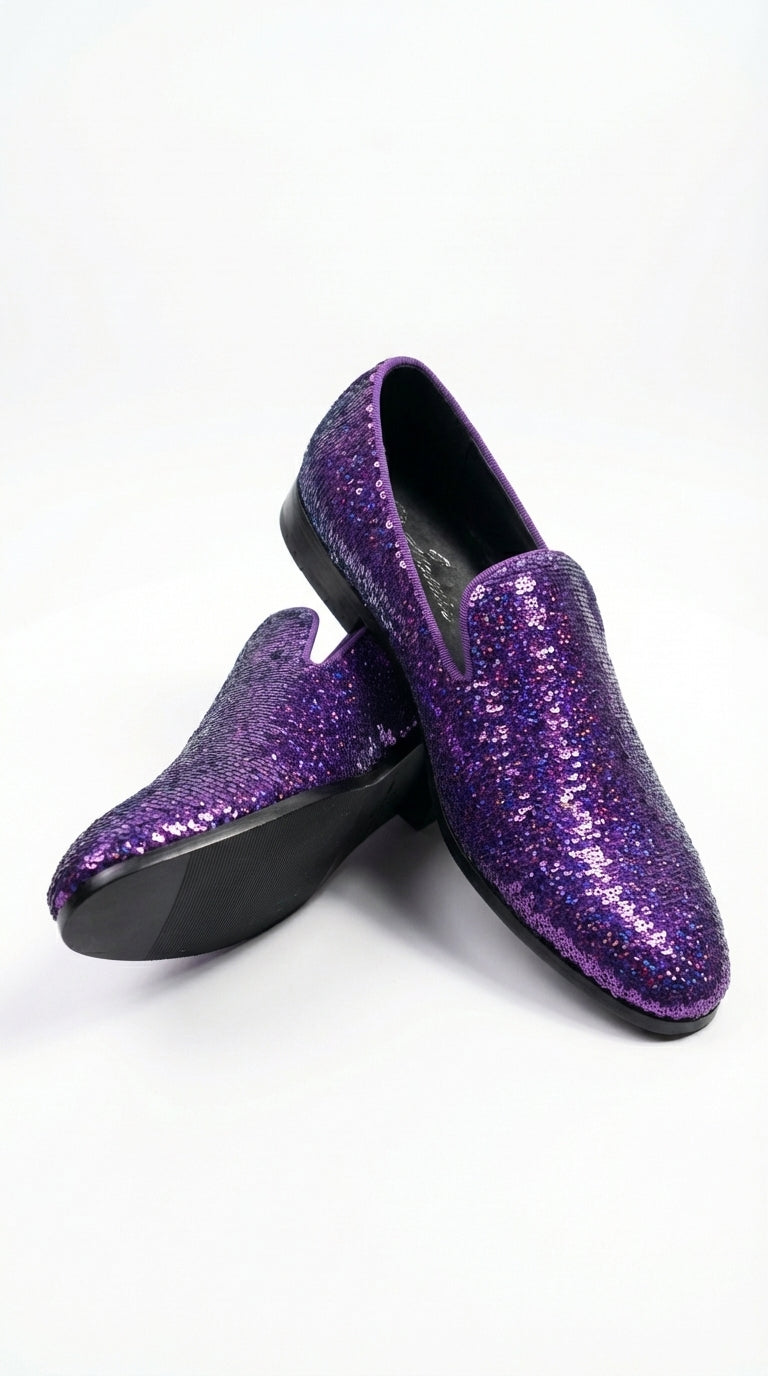 Mens Purple Sequin Dress Shoes Slip on  – Luxury Slip On Formal Loafers Wedding Prom Party Designer Footwear - 6 Standard / D / Medium