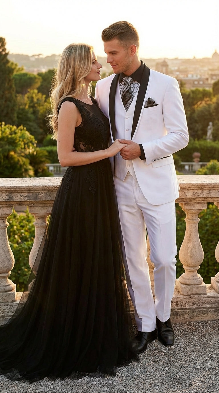 Mens White Shiny Flashy Fabric Tuxedo Suit with Black Shawl Lapel | Luxury Formal Wedding and Evening Suit Sharkskin Metallic Fabric