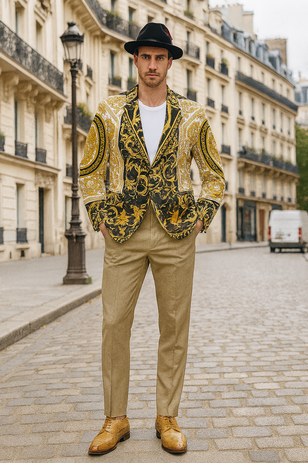 Men’s Black and Gold Baroque Blazer with Matching Pants, Hat, and Shoes – Luxury Party and Wedding Outfit Set - 36 Short