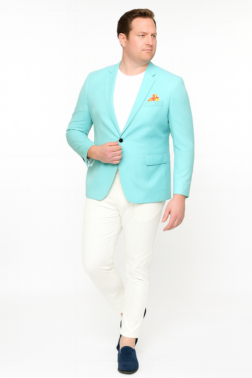 Mens Aqua Blazer Slim Fit One Button Suit Jacket with Stylish Floral Inner Lining - Light Turquoise
