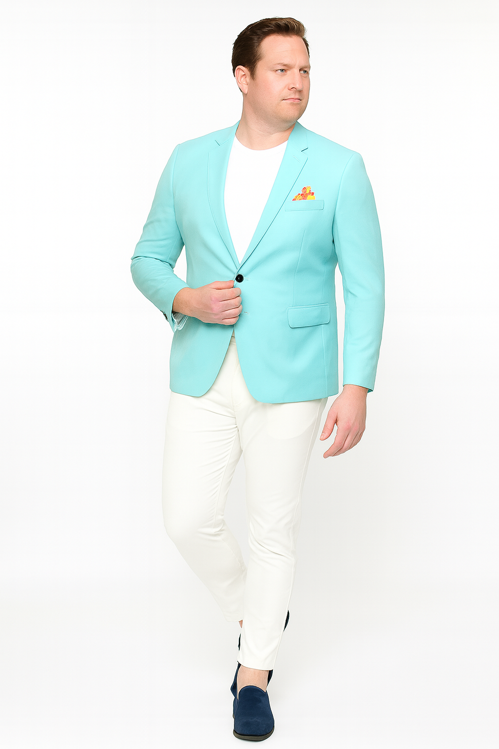 Men’s Aqua Blazer – Slim Fit One Button Suit Jacket with Stylish Floral Inner Lining - Light Turquoise - 34 Short