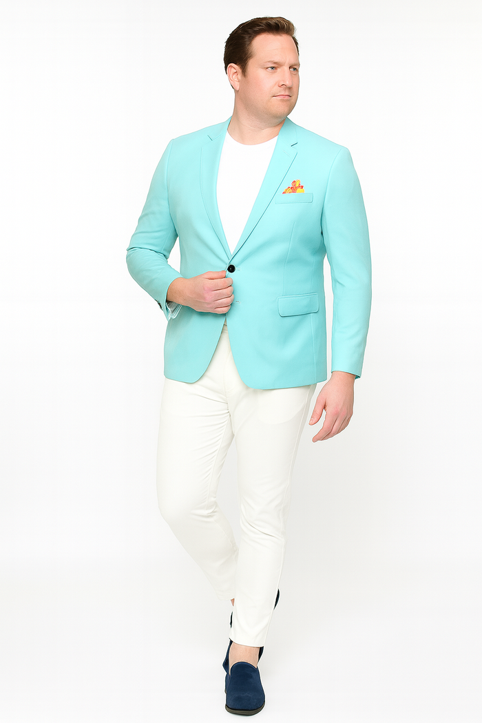 Mens Aqua Blazer Slim Fit One Button Suit Jacket with Stylish Floral Inner Lining - Light Turquoise