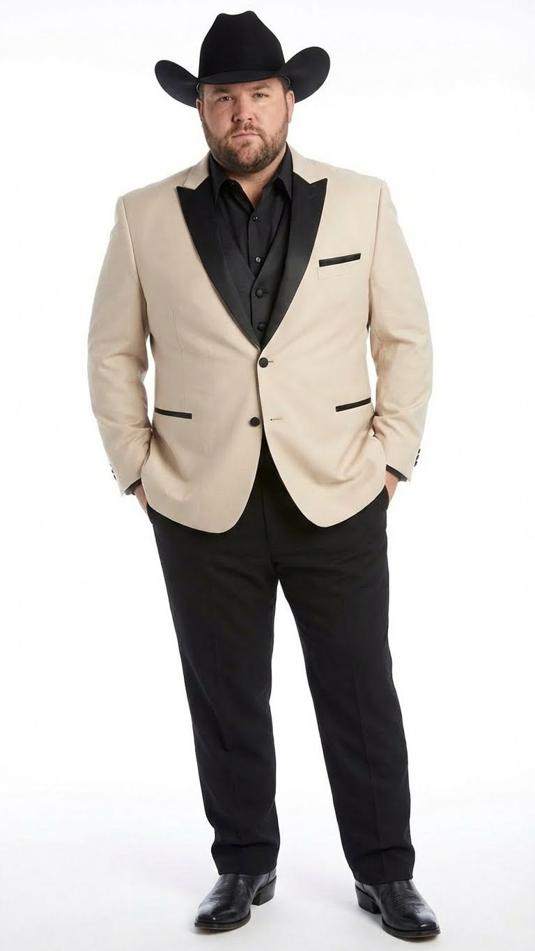 Men's Light Tan and Black Lapel Western Tuxedo Suit Set Wedding Party Cowboy Dress Tuxedo Black Pants - 34 Short or Extra Small