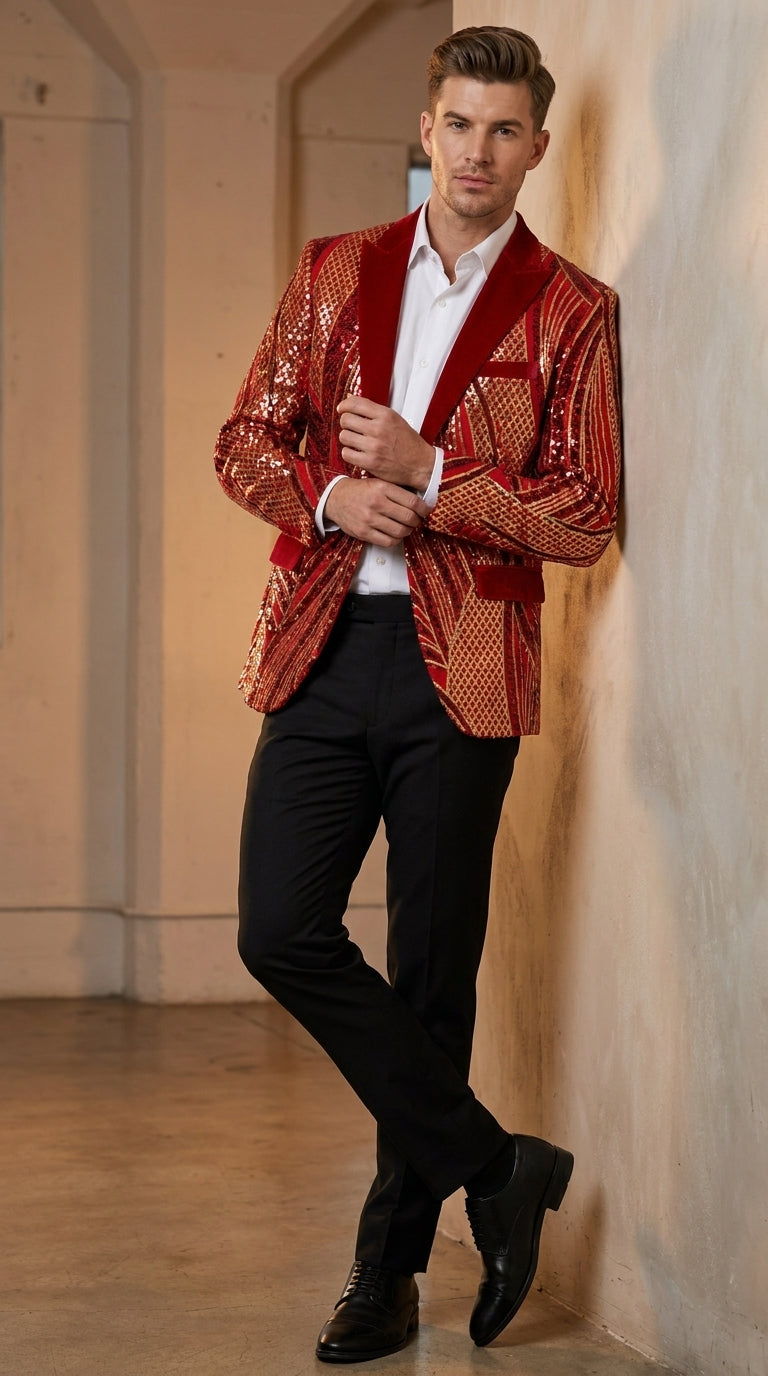Men’s Red and Gold Sequin Christmas Holiday Blazer – Luxury Party Jacket for New Year, Wedding and Festive Events - 36 Short