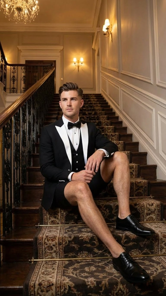 Mens Black and White Tuxedo Shorts Suit Modern Formal Tuxedo with Short Pants for Wedding, Party and Special Events