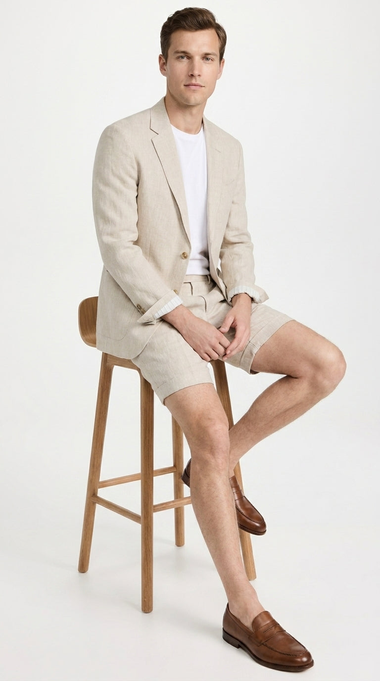 Men’s Tan Linen Suit with Shorts, 2 Piece Summer Short Suit, Casual Beach Wedding Outfit - 34 Short or Extra Small