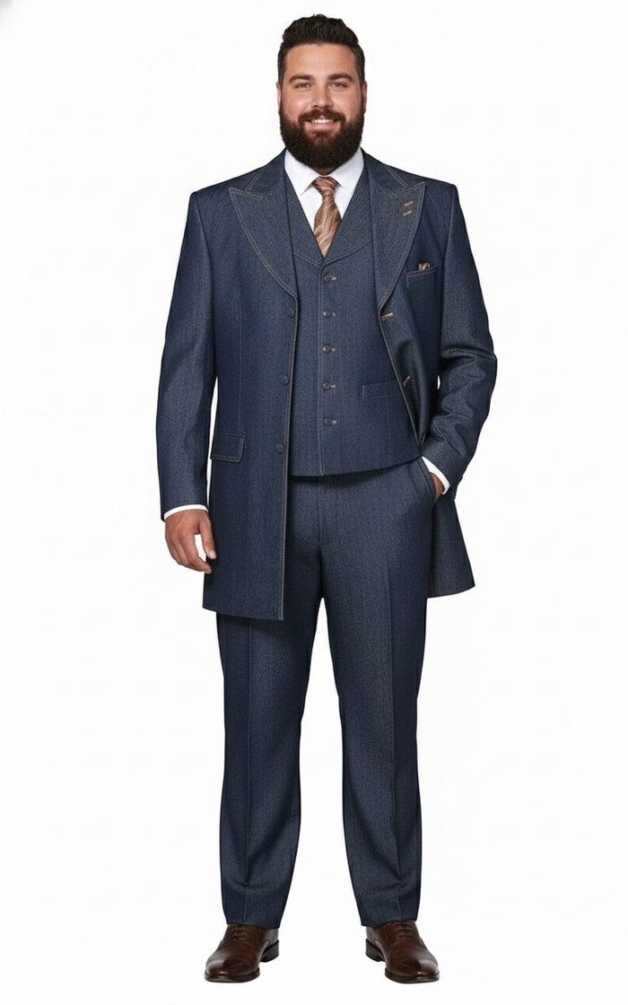 Mens Cotton Denim Three-Piece Suit Modern Blazer Denim Suit with Vest and Trousers Pleated Pants Classic Fit