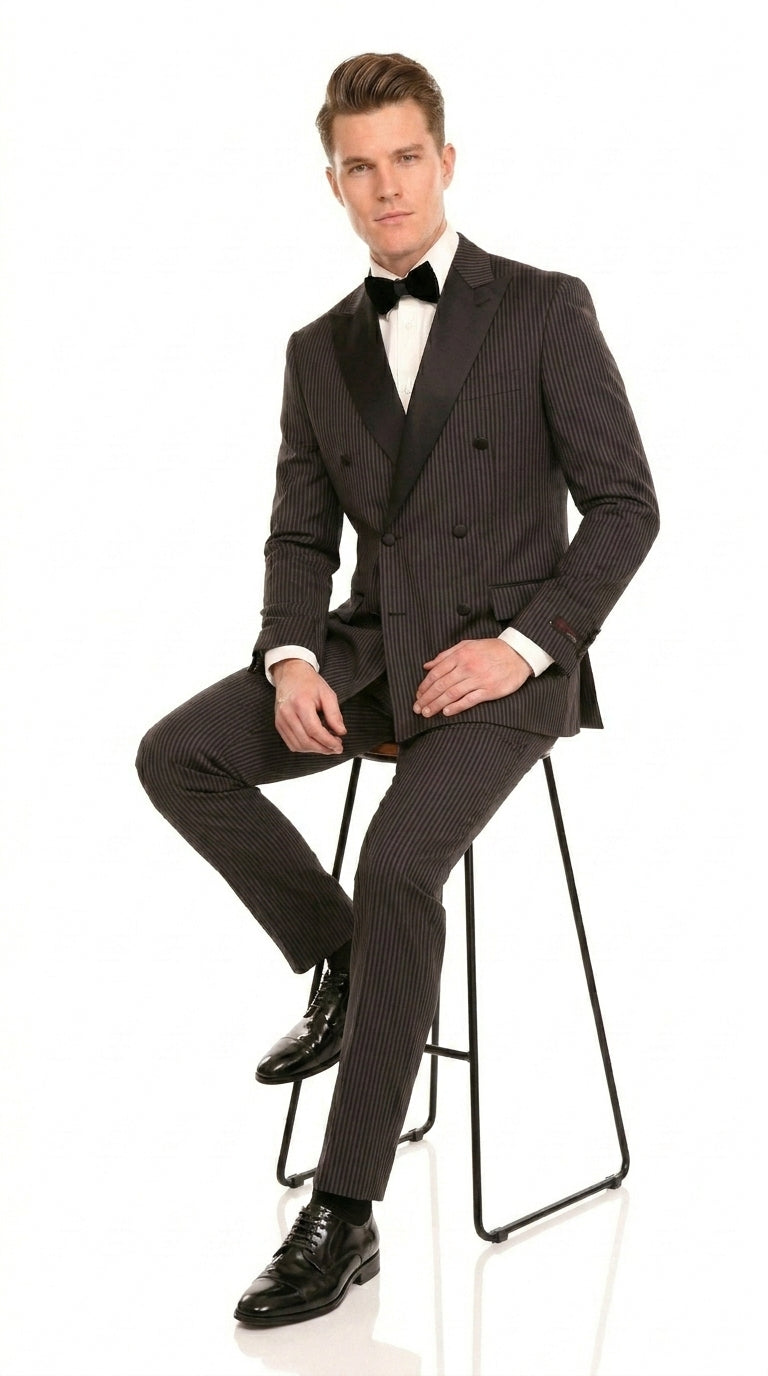 Men’s Double Breasted Suit – Classic Peak Lapel Formal Tuxedo Style Suit for Wedding in Black Ton on Tone Pinstripe - 34 Short or Extra Small