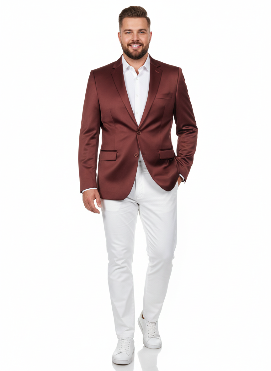 Men’s Slim Fit Maroon Satin Blazer – Elegant Two-Button Formal Suit Jacket for Weddings, in Maroon Wine Color - Maroon