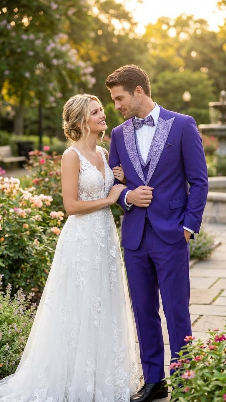 Men’s Purple and white sivler lapel  Embellished Tuxedo Suit –  Formal Wedding, Prom, and Gala Outfit Mardi Gras - 34 Short or Extra Small