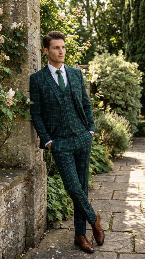 Men's Dark Green Plaid 3 Piece Suit Checkered Suit Set for Wedding, Windowpane Tartan Fabric - Ultra Slim Fit
