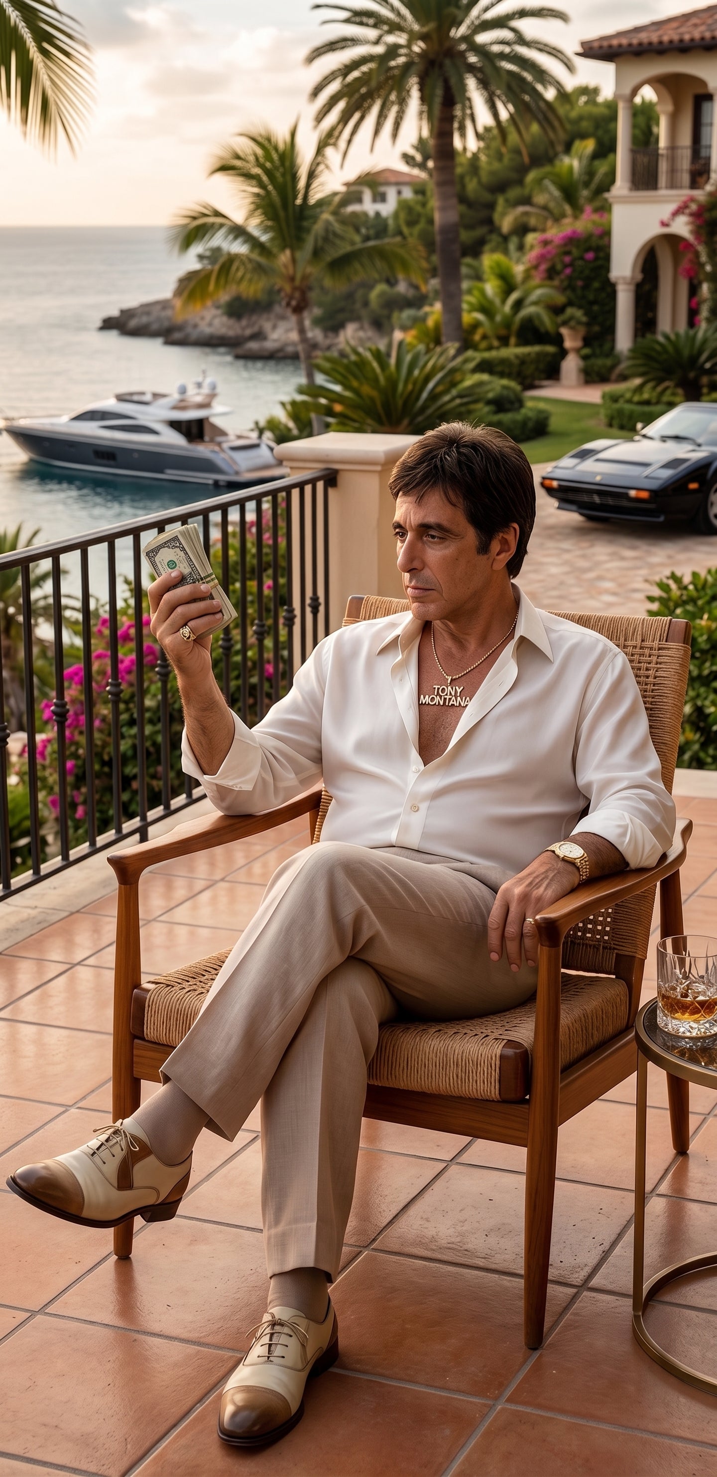Tony Montana’s White Linen Shirt and Tan Pants – Men’s White Formal Shirt with Tan Trousers for Party, Wedding and Vintage Style Outfit - 15.5” Neck / 32-33” Sleeve