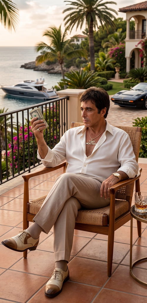 Tony Montana’s White Linen Shirt and Tan Pants – Men’s White Formal Shirt with Tan Trousers for Party, Wedding and Vintage Style Outfit