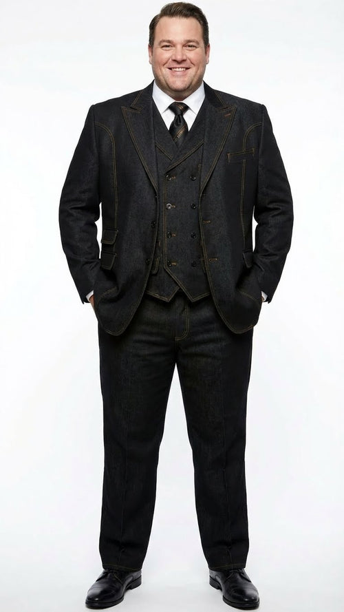 Men's Black Denim Fabric Suit Classic Three Piece Denim Suit for Wedding, Prom and Church Wear