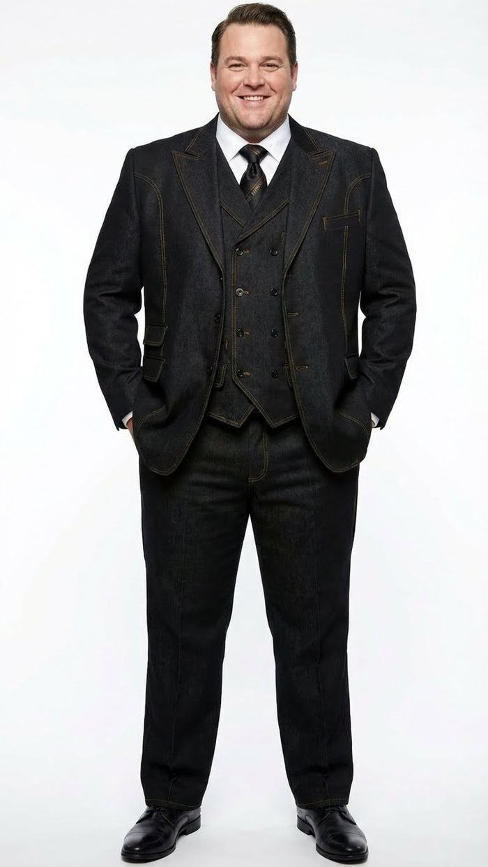 Men's Black Denim Fabric Suit Classic Three Piece Denim Suit for Wedding, Prom and Church Wear