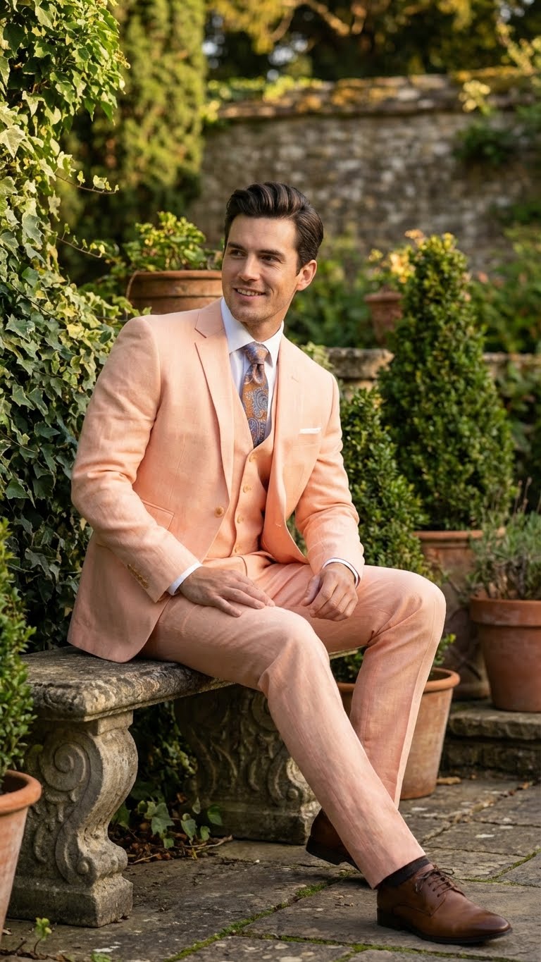 Men’s Light Peach 3 Piece Suit Set with Vest, Prom Wedding Dress Suit - 38 Short Jacket+32 Waist Adjustable 28to34)(Height: 5 4 to5 7 )(Neck  15-16.5)S-M)