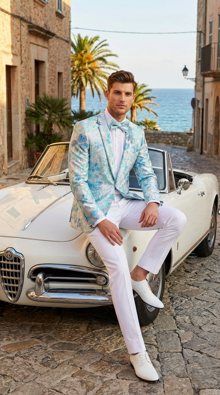 Mens Light Blue Floral Jacquard Tuxedo Jacket with Matching Bow Tie | Formal Prom Wedding Blazer + Bowtie Turqoise Aqua Color