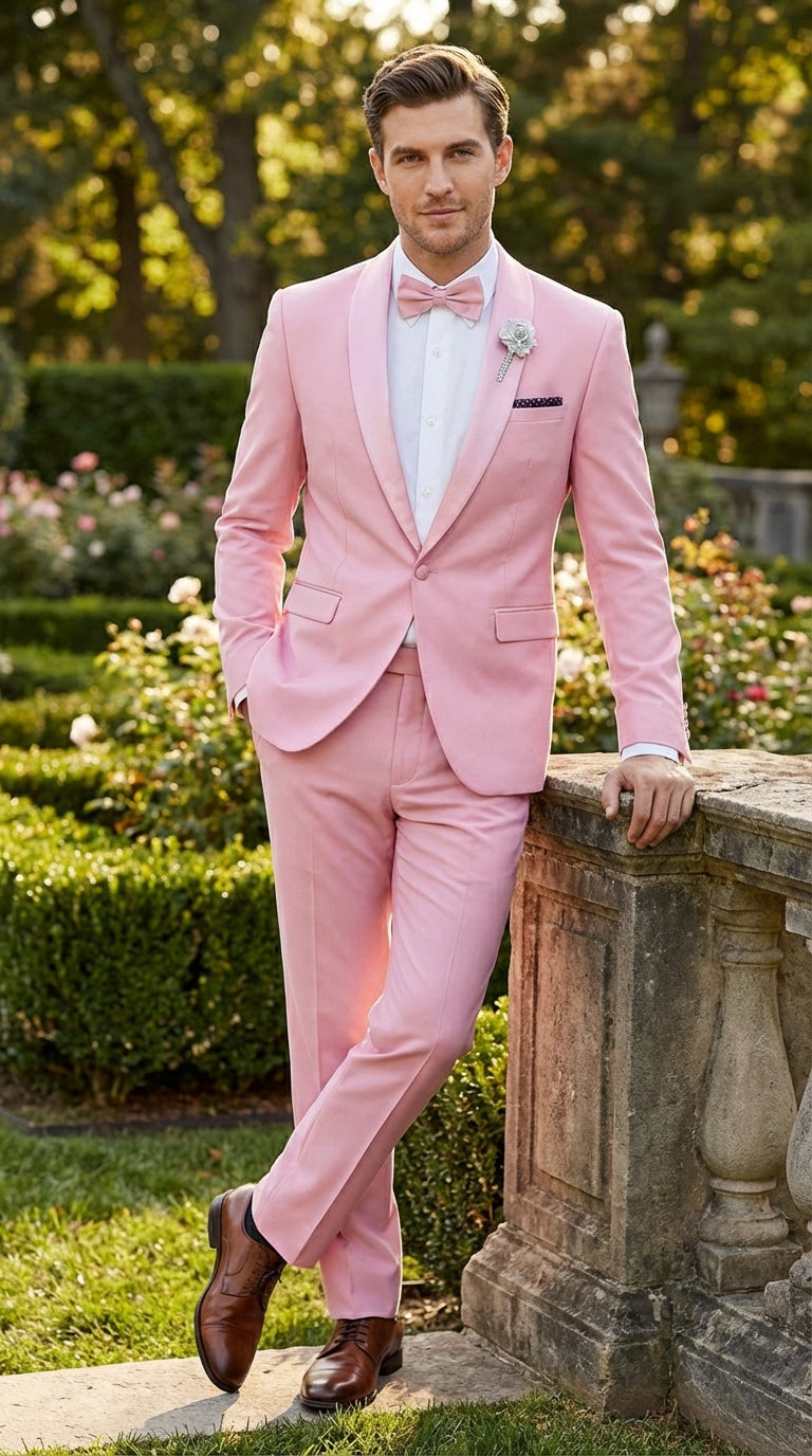Mens Dusty Rose Pink Summer Tuxedo – Satin Shawl Lapel Formal Wedding Prom Suit - 34 Short or Extra Small