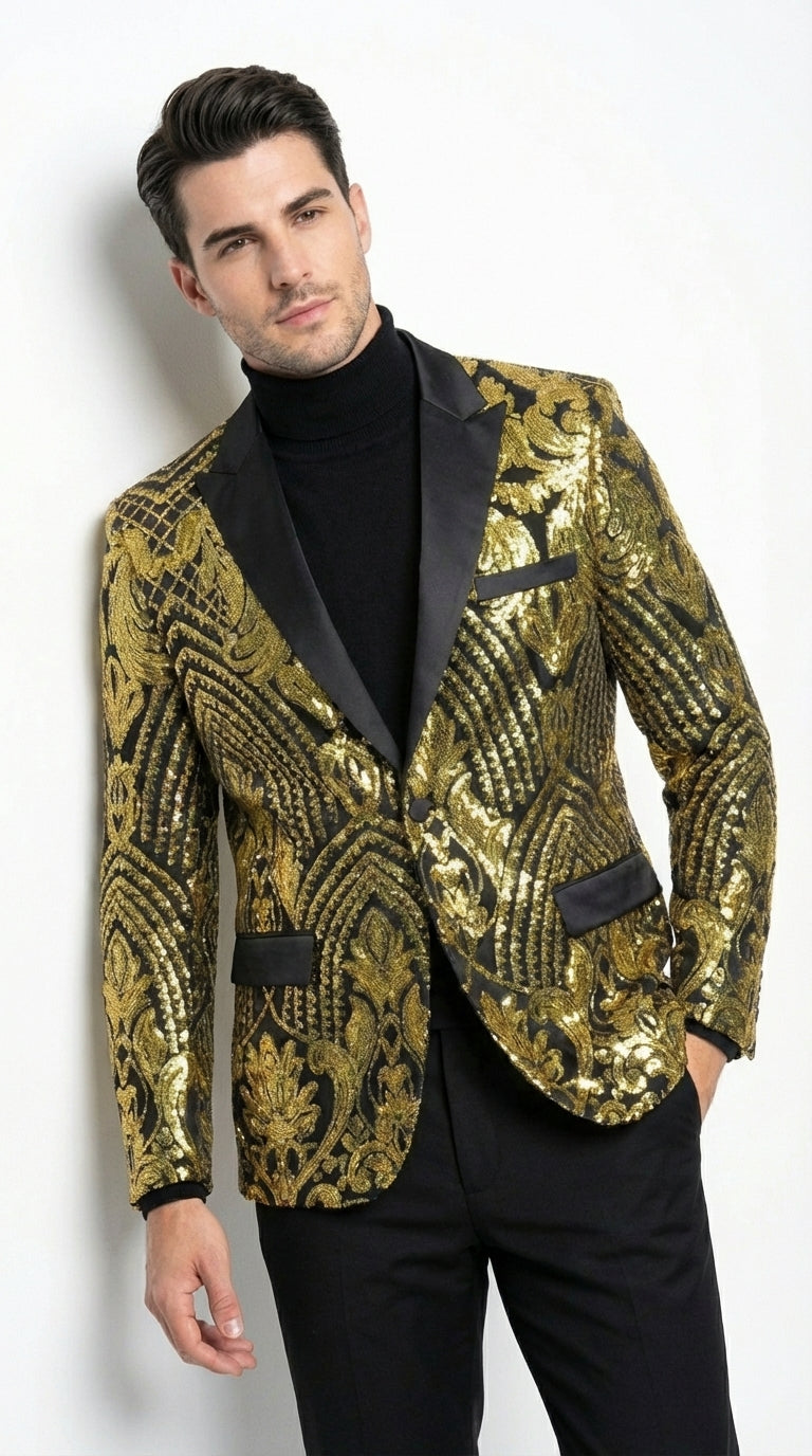 Mens Black and Gold Pattern Blazer – Gold Floral Luxury Formal Blazer Jacket for Prom, Wedding and Party Slim Fitted - S