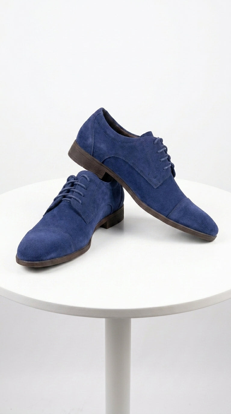 Men’s Navy Blue Suede Cap Toe Dress Shoes – Classic Lace Up Formal Wedding and Prom Shoes Velvet Fabric - 6 Standard / D / Medium