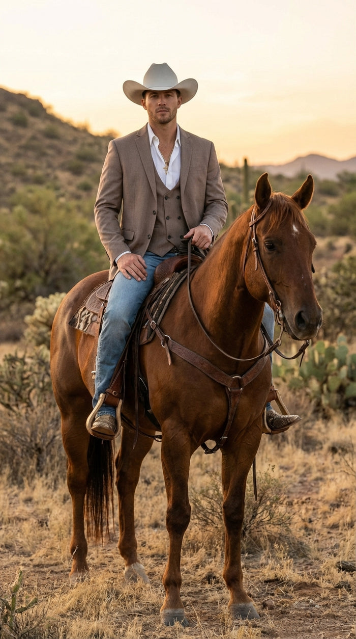 Mens Beige Cowboy Blazer with Double breasted Vest – Western Two Piece Suit Pants included