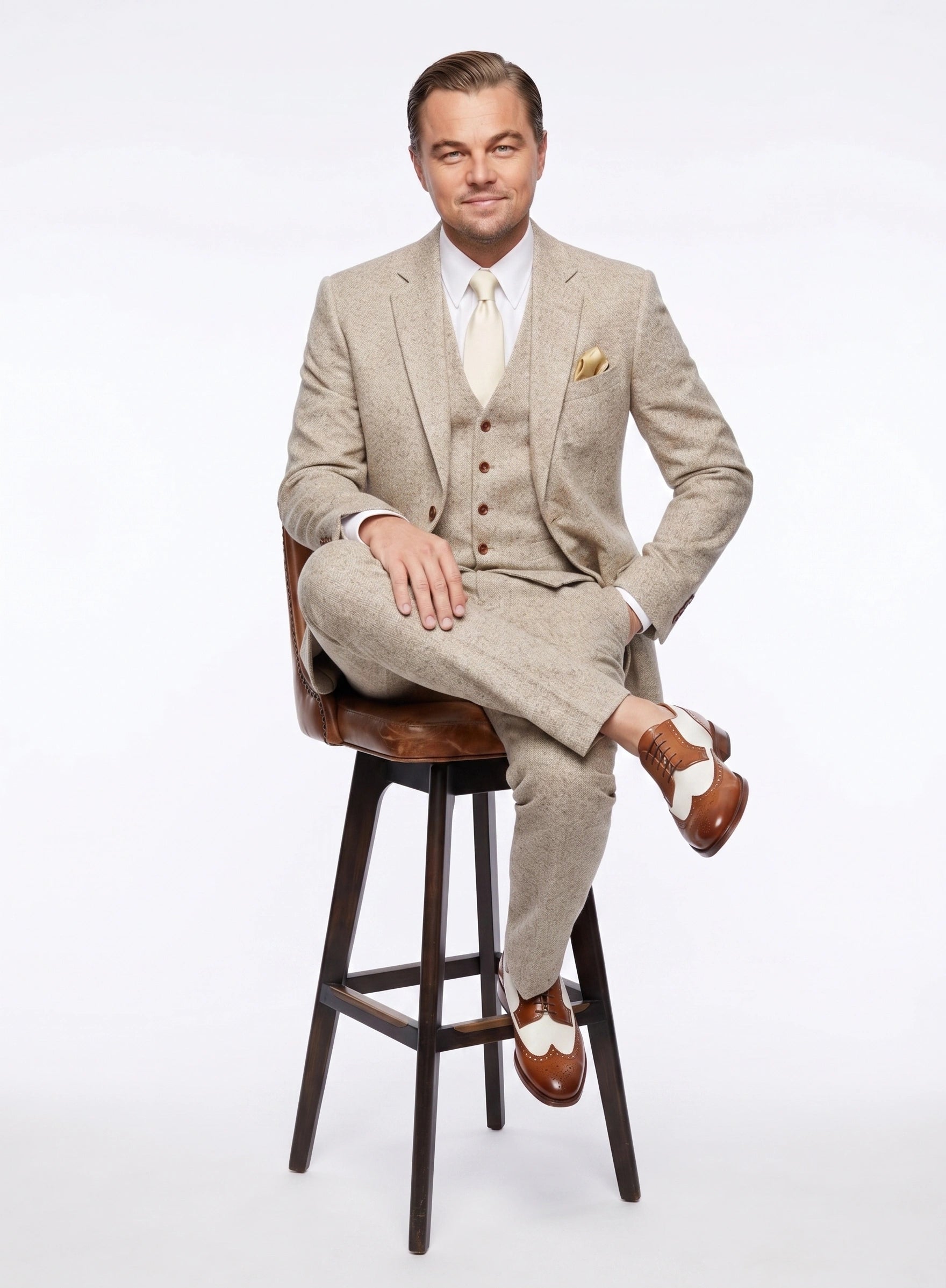 Men’s Light Tan Tweed Great Gatsby 3 Piece Suit – Vintage Vested Wedding Suit, 1920s Classic Formal Outfit Herringbone - 34 Short or Extra Small