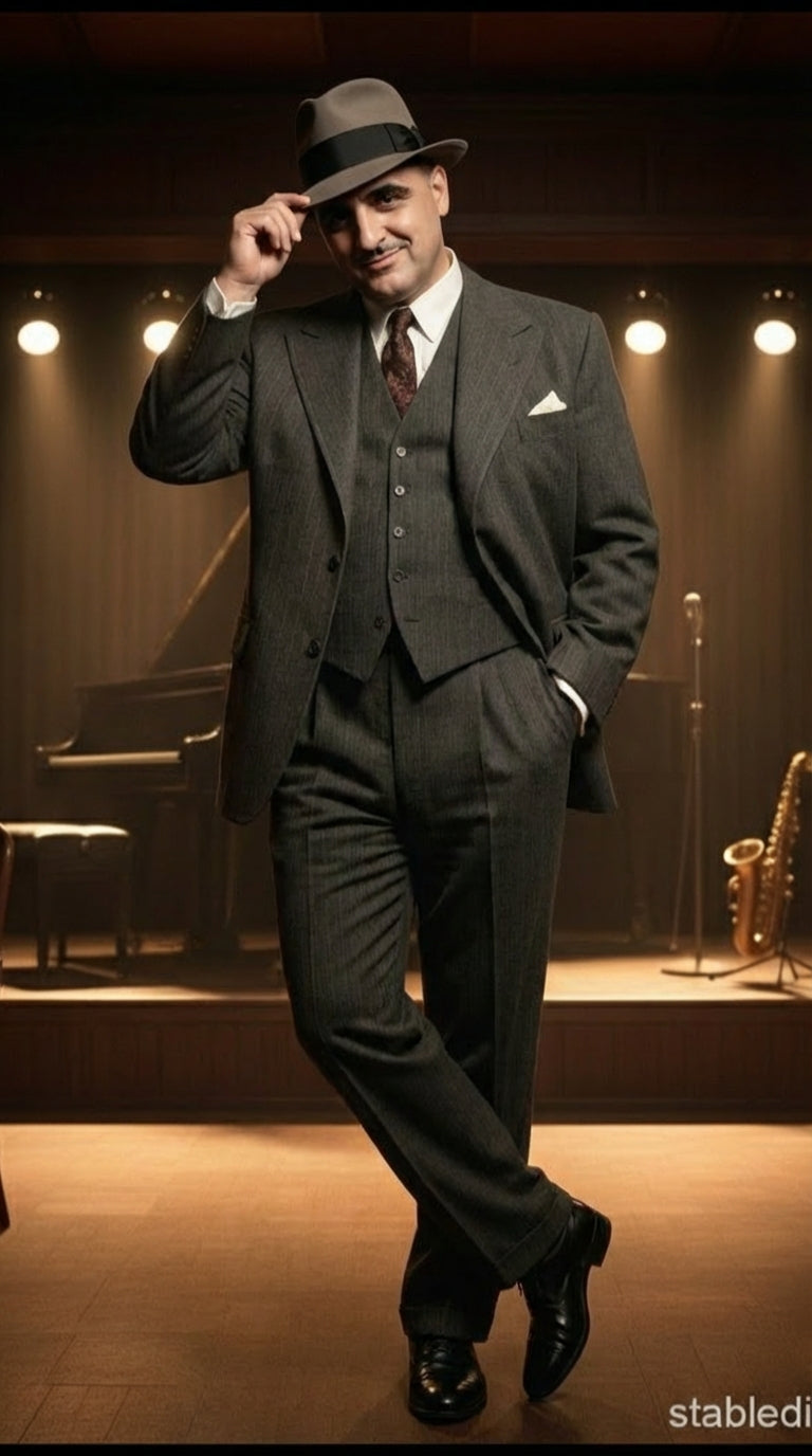 Al Capone Mens Charcoal Gray Stripe 3-Piece Gangster Style Suit 1920s Jazz Club Inspired Formal Suit Outfit - Suit