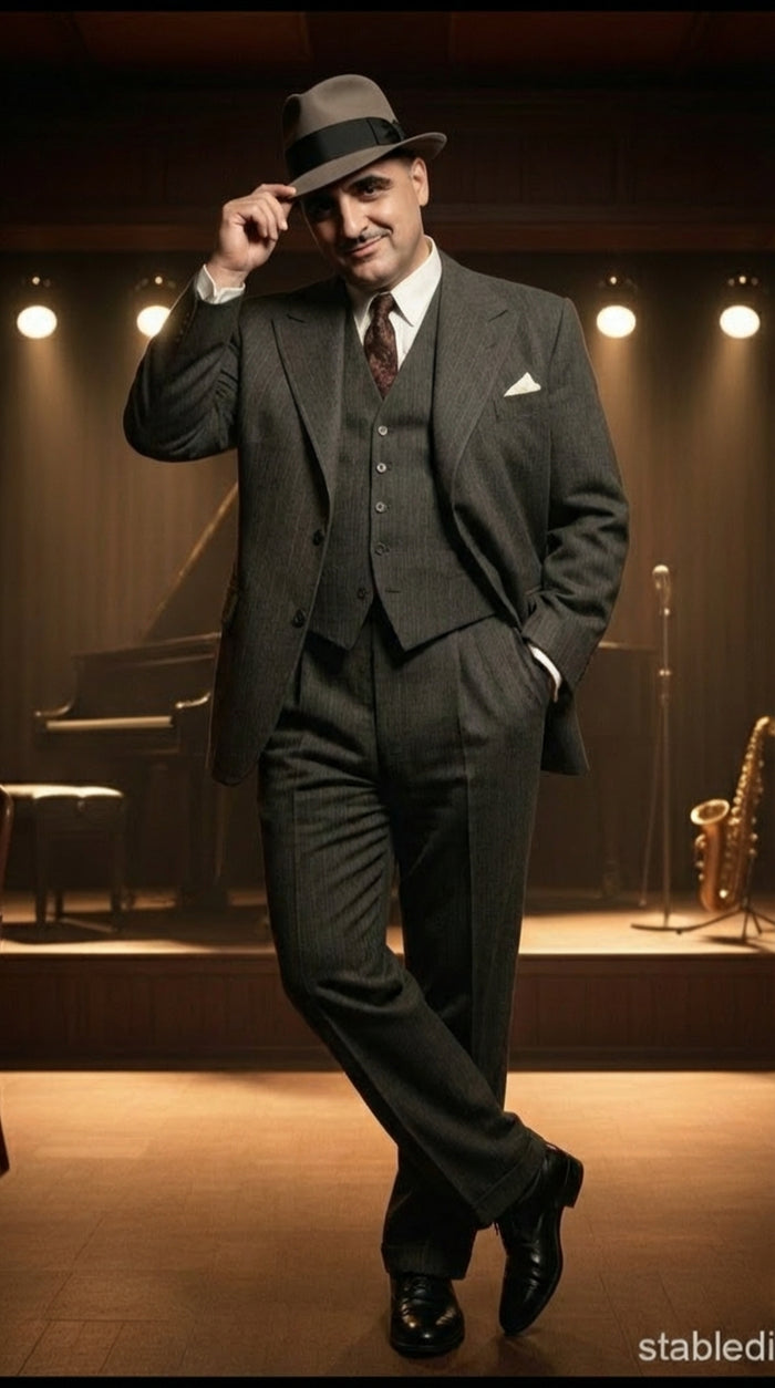 Al Capone Mens Charcoal Gray Stripe 3-Piece Gangster Style Suit 1920s Jazz Club Inspired Formal Suit Outfit