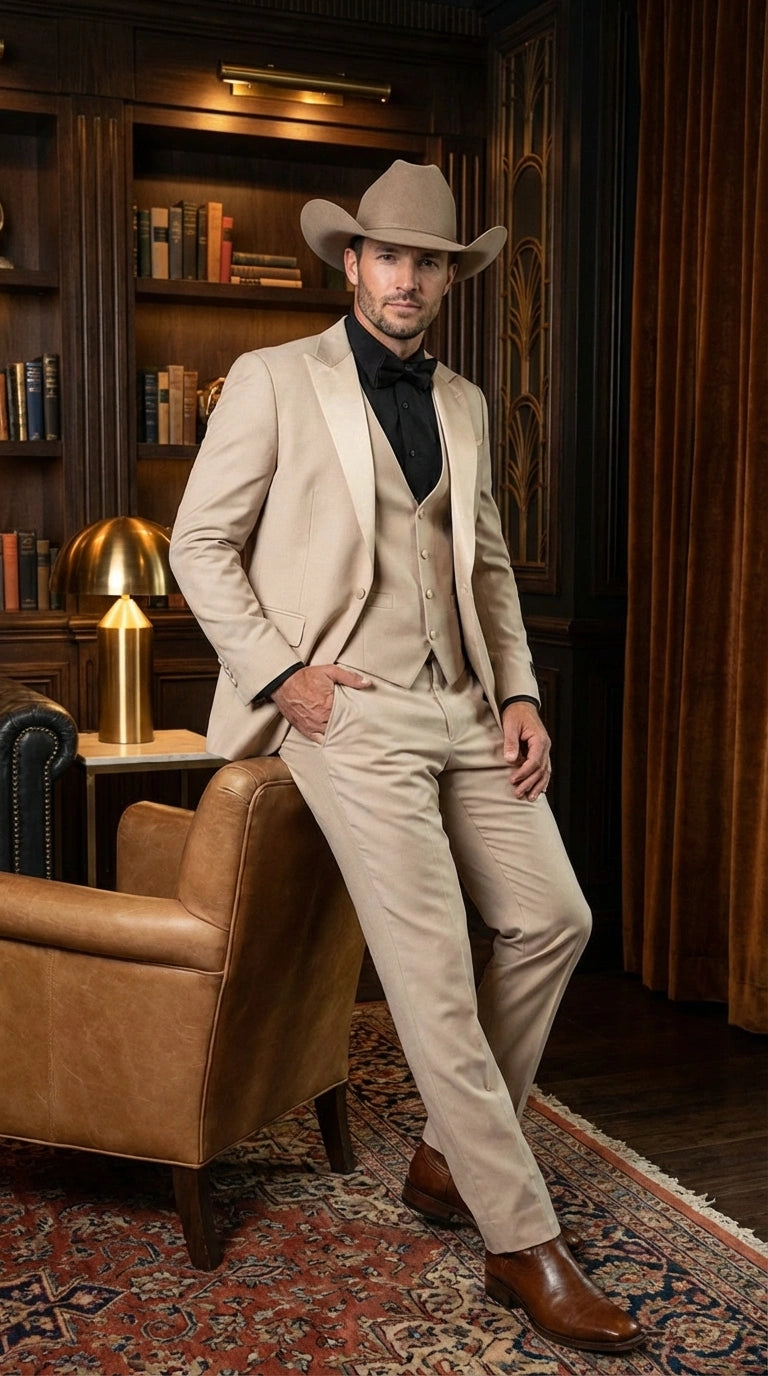 Mens Tan Cowboy Suit Western Formal Two Piece Suit for Weddings,  Champaign Sand Color - 34 Short or Extra Small