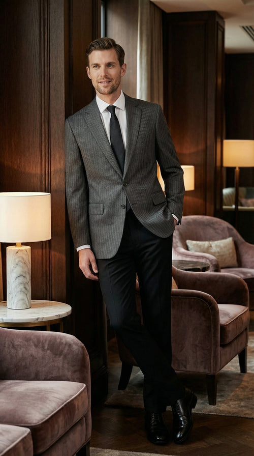 Mens Charcoal Grey Pinstripe Blazer Classic Tailored Formal Jacket for Business, Professional Wear Sportcoat