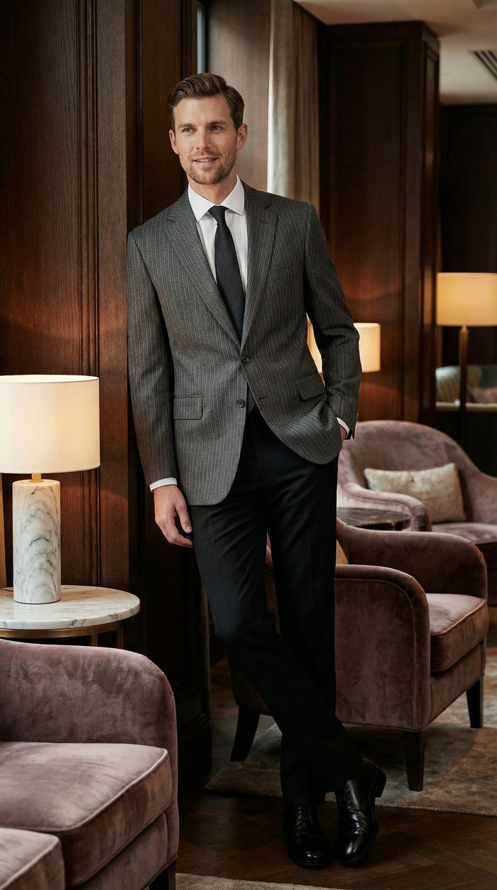 Mens Charcoal Grey Pinstripe Blazer Classic Tailored Formal Jacket for Business, Professional Wear Sportcoat