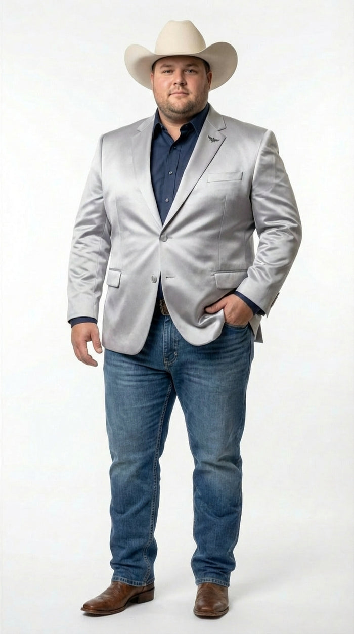 Mens Shiny Silver Cowboy Blazer Western Style Satin Finish Blazer for Party, Country Events and Evening Wear