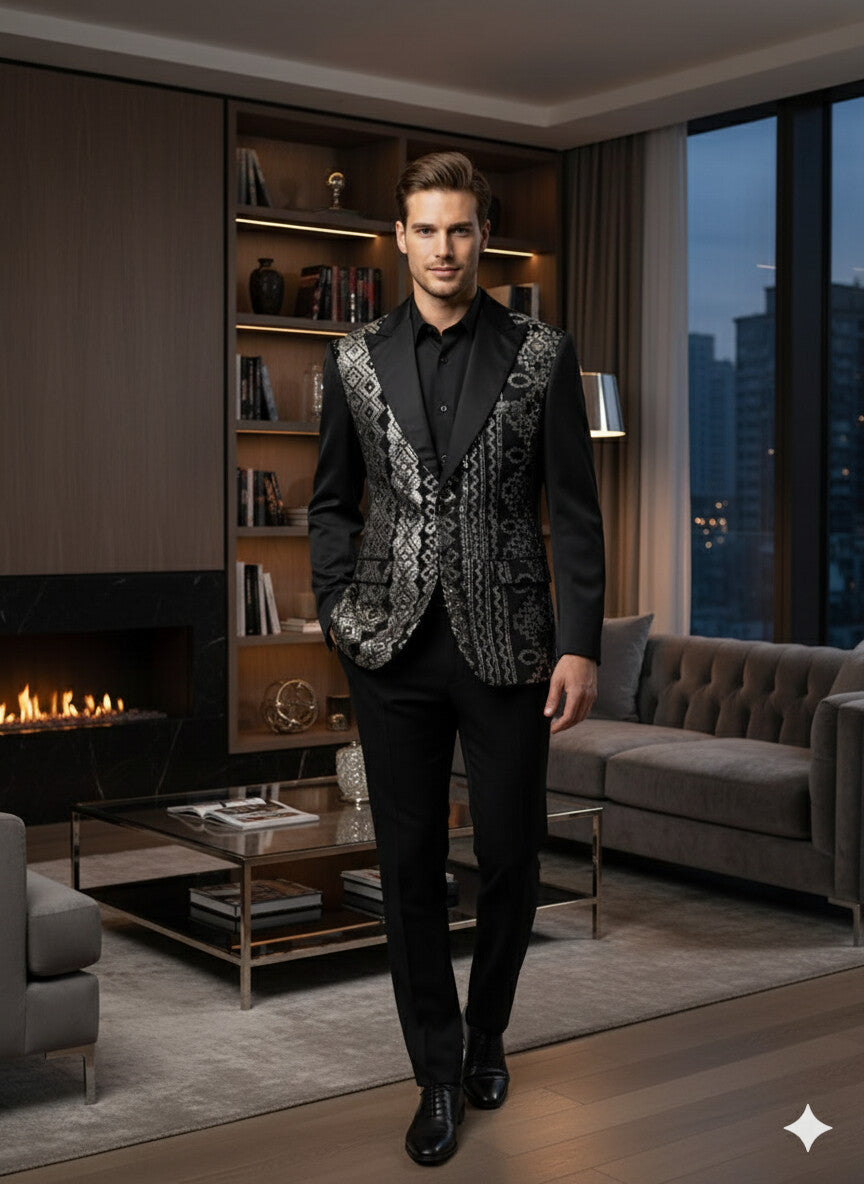 Mens Black and White and Silver Sequin Embroidered Blazer Luxury Designer Party Wear with Geometric Detailing