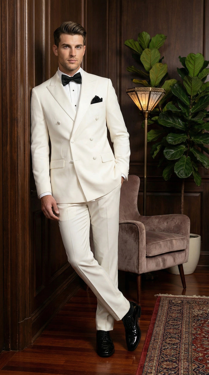 Mens ivory Cream Double Breasted Suit Classic Formal Tuxedo Style Suit for Weddings off White Color