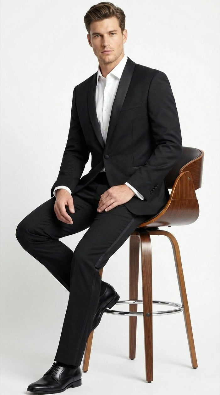 Tiglio Designer Mens Black Single Button Tuxedo Suit Formal Black Business and Wedding Suit Shawl Collar  Super 150's Wool Fabric