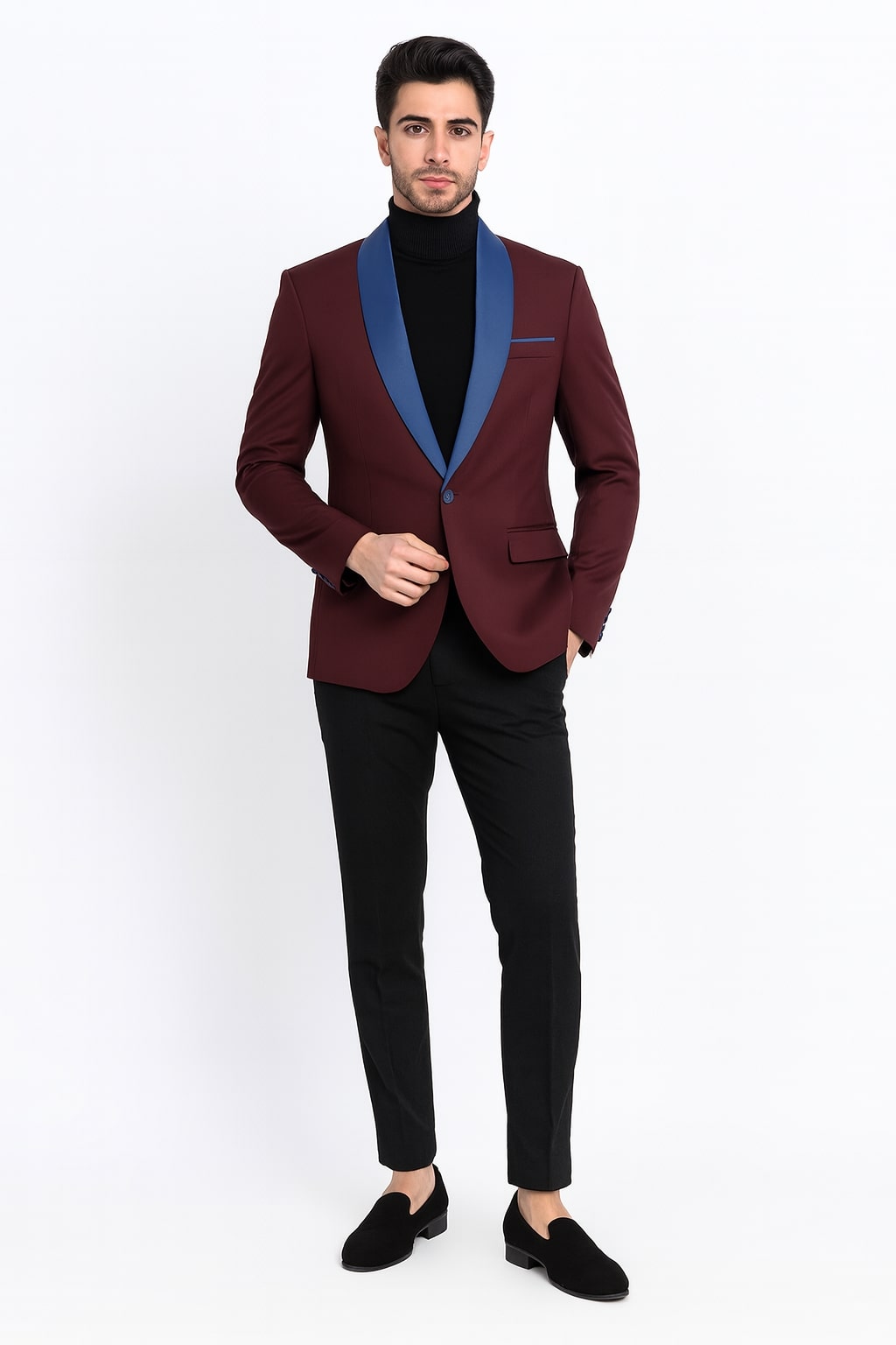 Mens Burgundy Tuxedo Dinner Jacket Blazer with Blue Satin Shawl Lapel  Wedding and Party Jacket - 34 Short or Extra Small