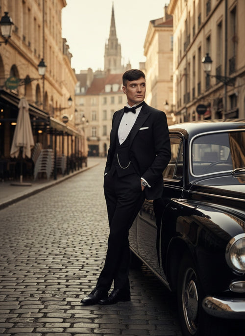 Mens Black Peaky Blinders Style Three-Piece Tuxedo Suit Classic Formal Suit with Blazer and Waistcoat Peak Lapel 1920s Style