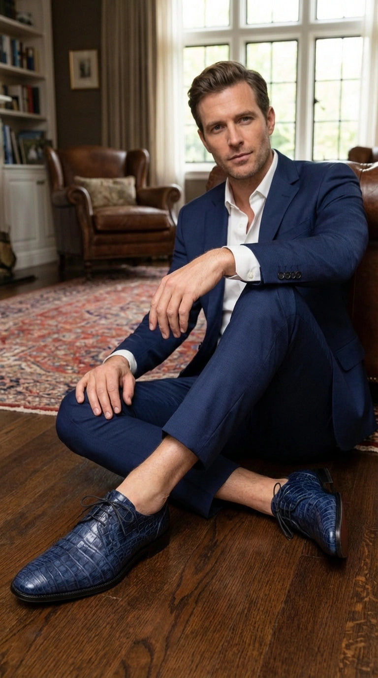 Mezlan Blue Crocodile Alligator Embossed Leather Dress Shoes for Men – Luxury Lace Up Oxford Shoes – Blue Exotic Pattern Formal - 6