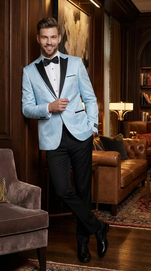 Mens Baby Blue Tuxedo Blazer with Black Lapel Formal Dinner Jacket for Wedding, Prom and Evening Events  in Sky Light Blue Color