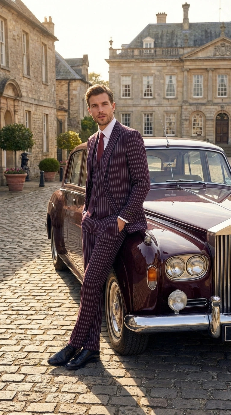 Men’s Plum Eggplant Pinstripe 3 Piece Suit – Burgundy Purple Formal Suit  Gangster 1920s Mafia Pimp Suit - 34 Short or Extra Small