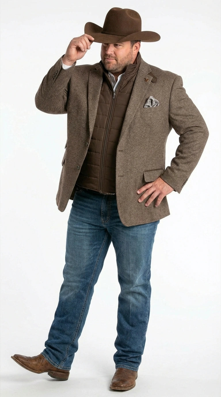 Mens Brown Herringbone Tweed Cowboy Western Blazer Classic Country Sport Coat Jacket for Ranch Wear,  Cowboy Jacket - 36 Short