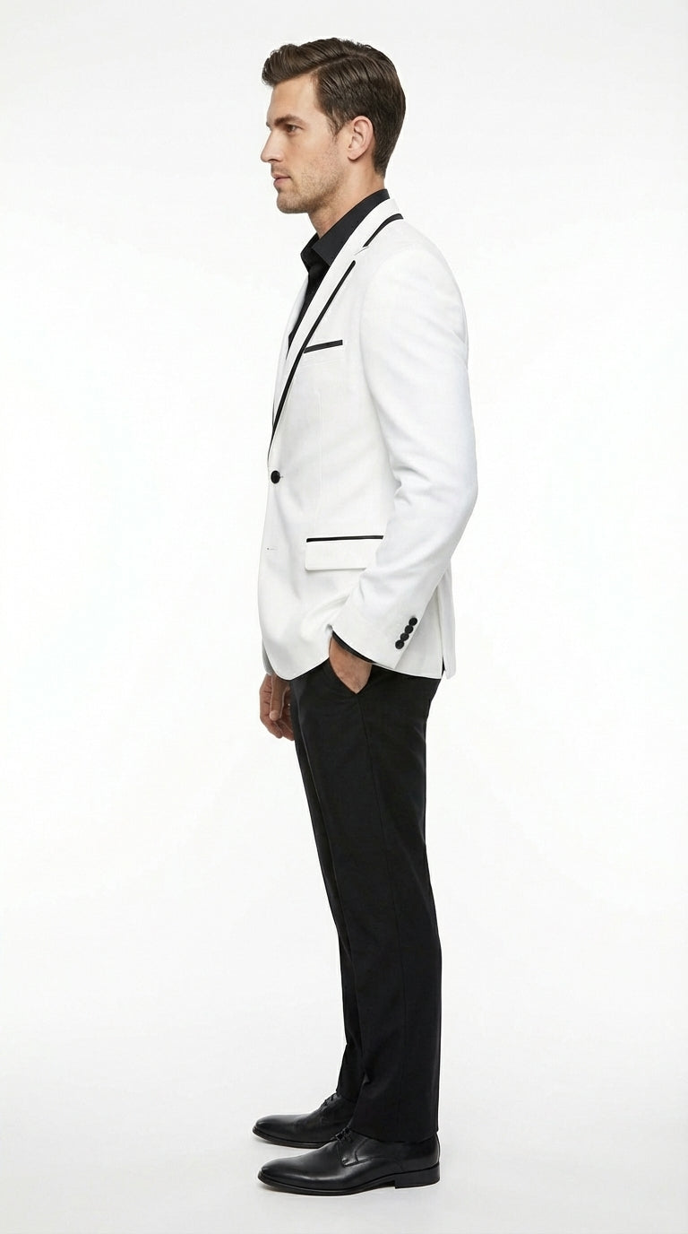 Men’s White Disco Blazer 70s Era Costume Jacket – Black Trim Retro Party Blazer, Vintage Dance Outfit, Stylish Evening Themed Wear - 36 Short