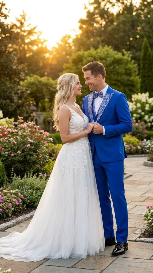 Mens Bright Royal Blue and White lapel  Embellished Tuxedo Suit 3-Piece Formal Wedding, Prom, and Gala Outfit