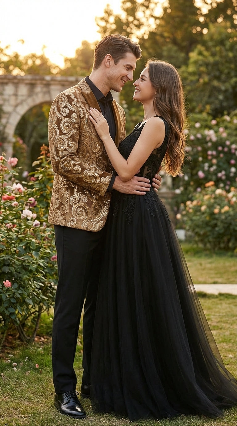 Men's Light Brown & Gold Baroque Embroidered Blazer Jacket | Tuxedo Dinner Jacket - 34 Short or Extra Small